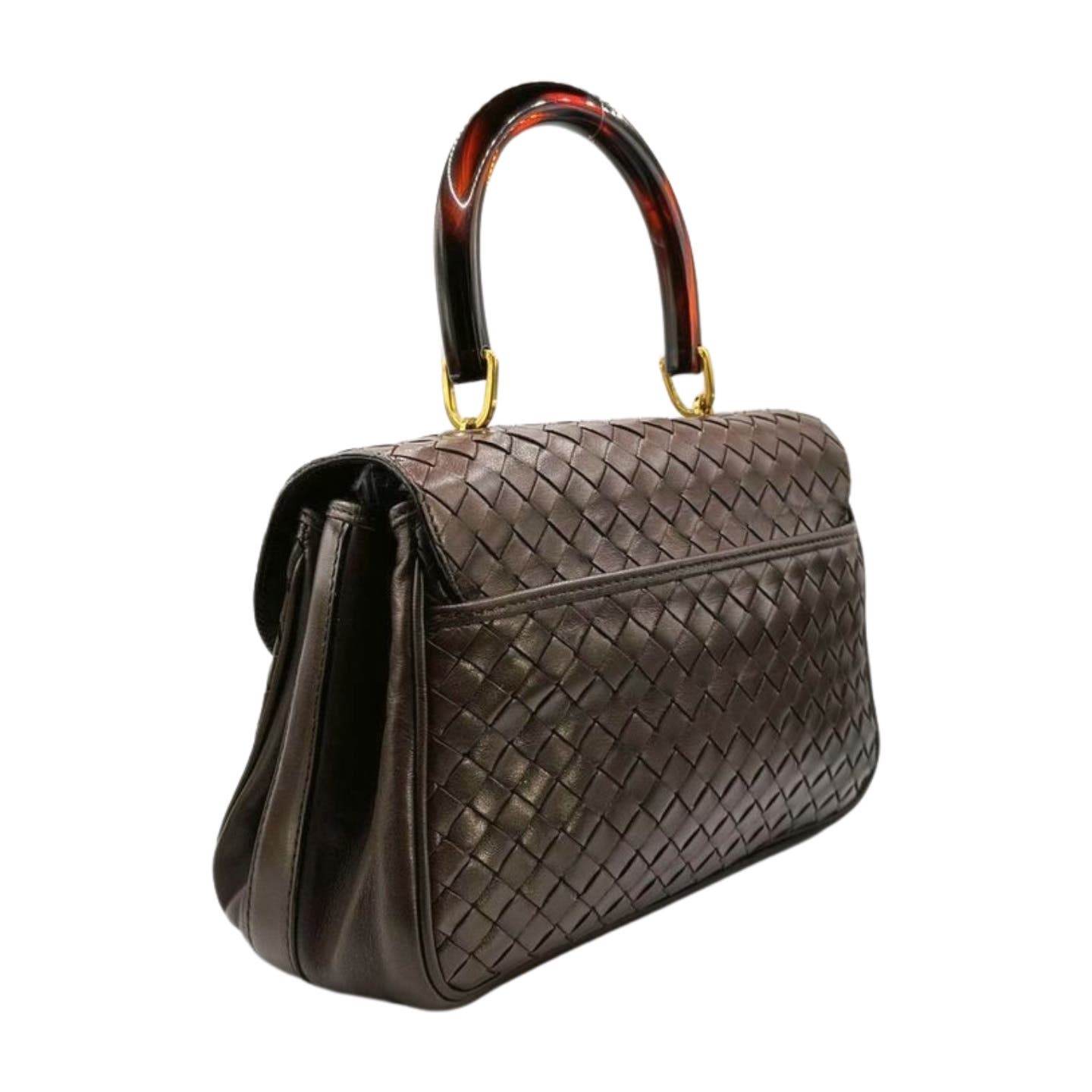 A stylish brown woven lambskin leather Bottega Veneta Intrecciato Top Handle Bag with a structured design, featuring a pair of polished dark tortoiseshell handles attached with gold hardware. The bag, reminiscent of Bottega Veneta's iconic Intrecciato style, has a side gusset and a slightly rounded top, exuding classic elegance.