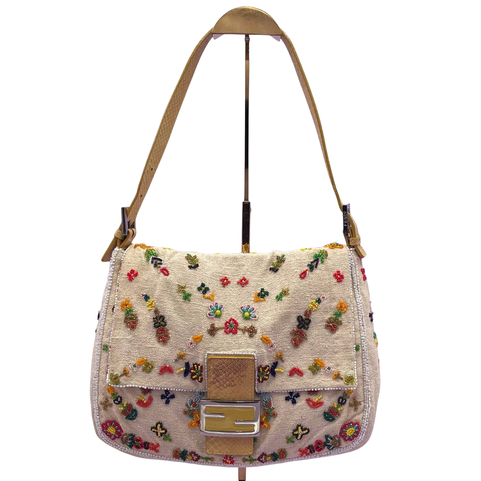 Fendi Mamma Baguette Linen Beaded Ecru