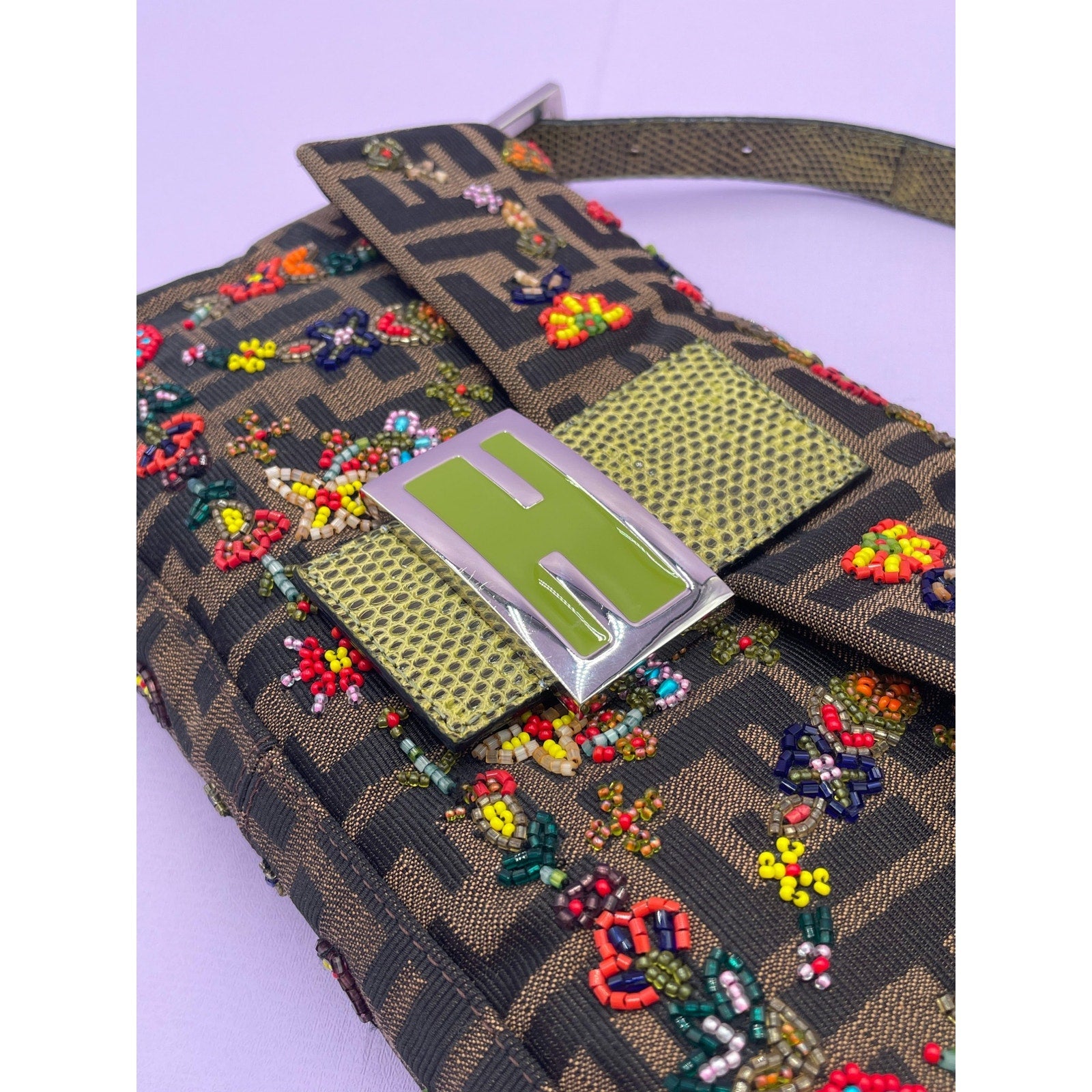 Rare Fendi Baguette Beaded Zucca Canvas and Lizard - Le Look
