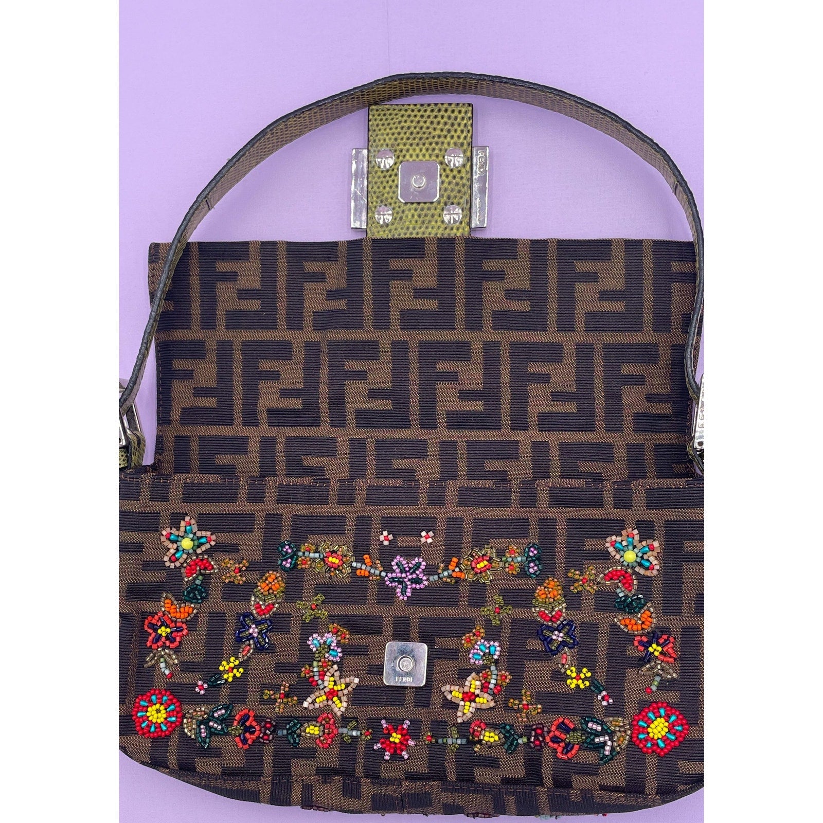 Rare Fendi Baguette Beaded Zucca Canvas and Lizard - Le Look