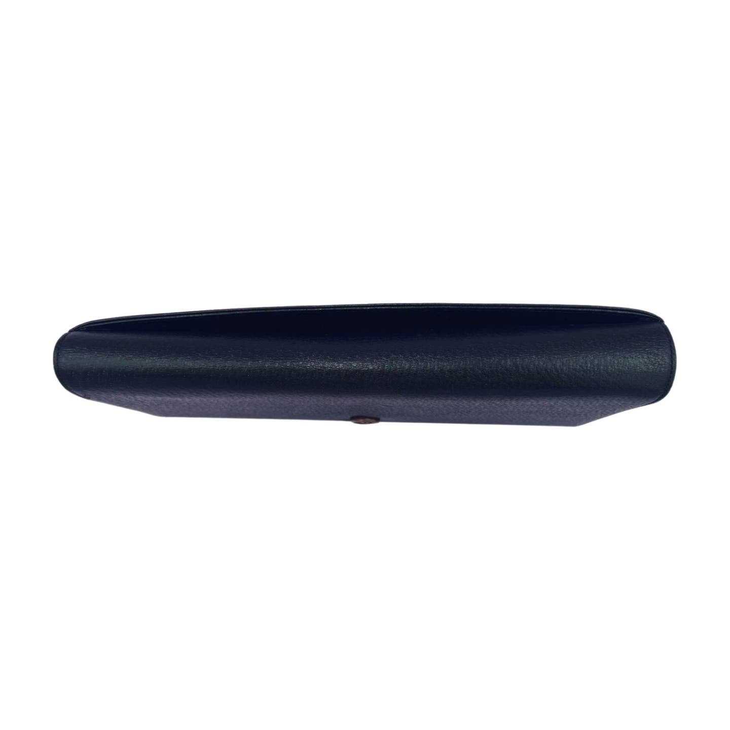 The image shows a top view of a closed dark blue leather eyeglasses case with a snap closure, featuring a sleek and simple design reminiscent of a vintage Valentino Garavani Valentino Black Leather Clutch. The material appears smooth, and the case is oval-shaped.