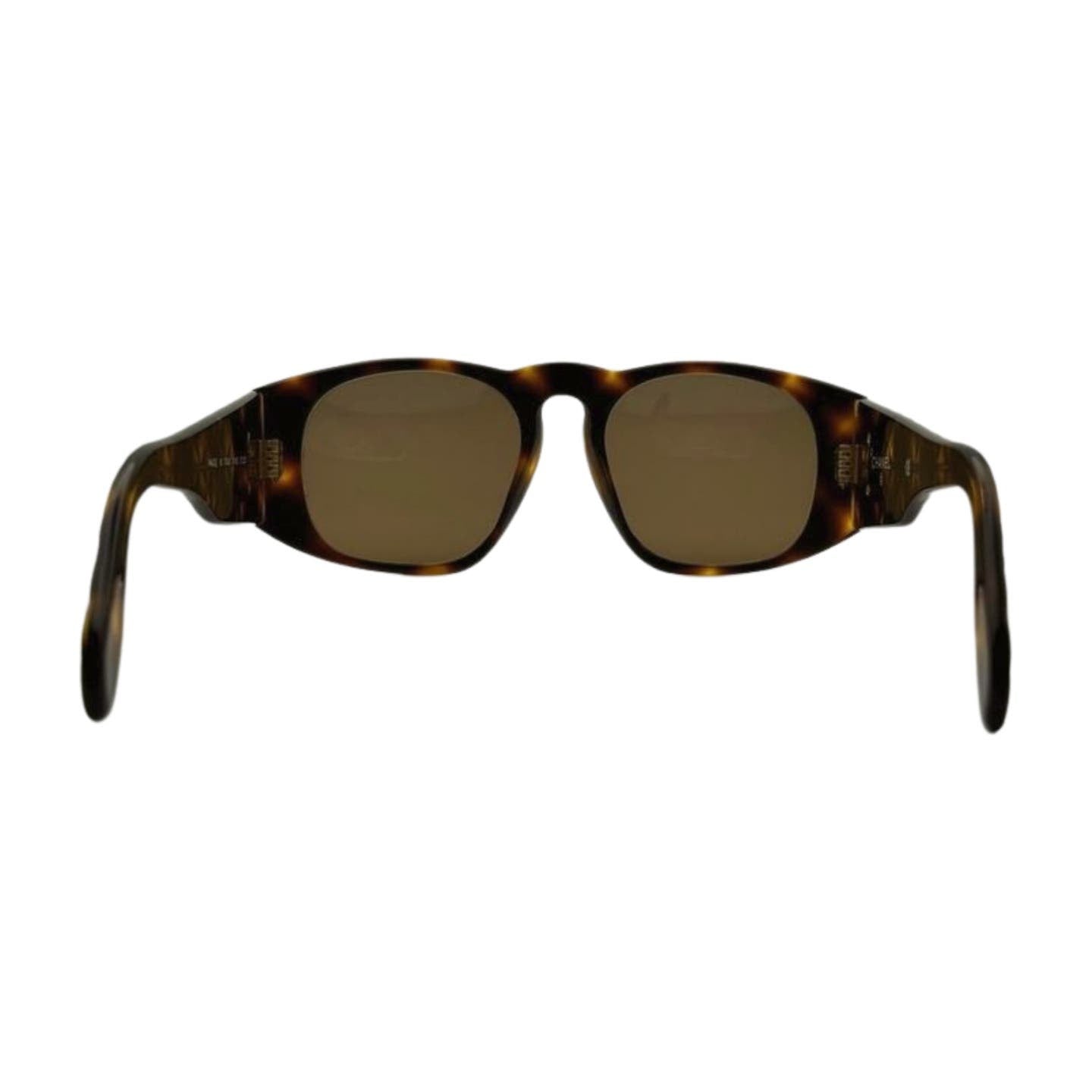 A pair of Vintage 90’s Chanel Sunglasses with rectangular lenses, viewed from the front. The frames are slightly thick and the tinted brown lenses complement them perfectly. The arms of the sunglasses feature a quilted pattern similar to the frames, adding an extra touch of elegance.