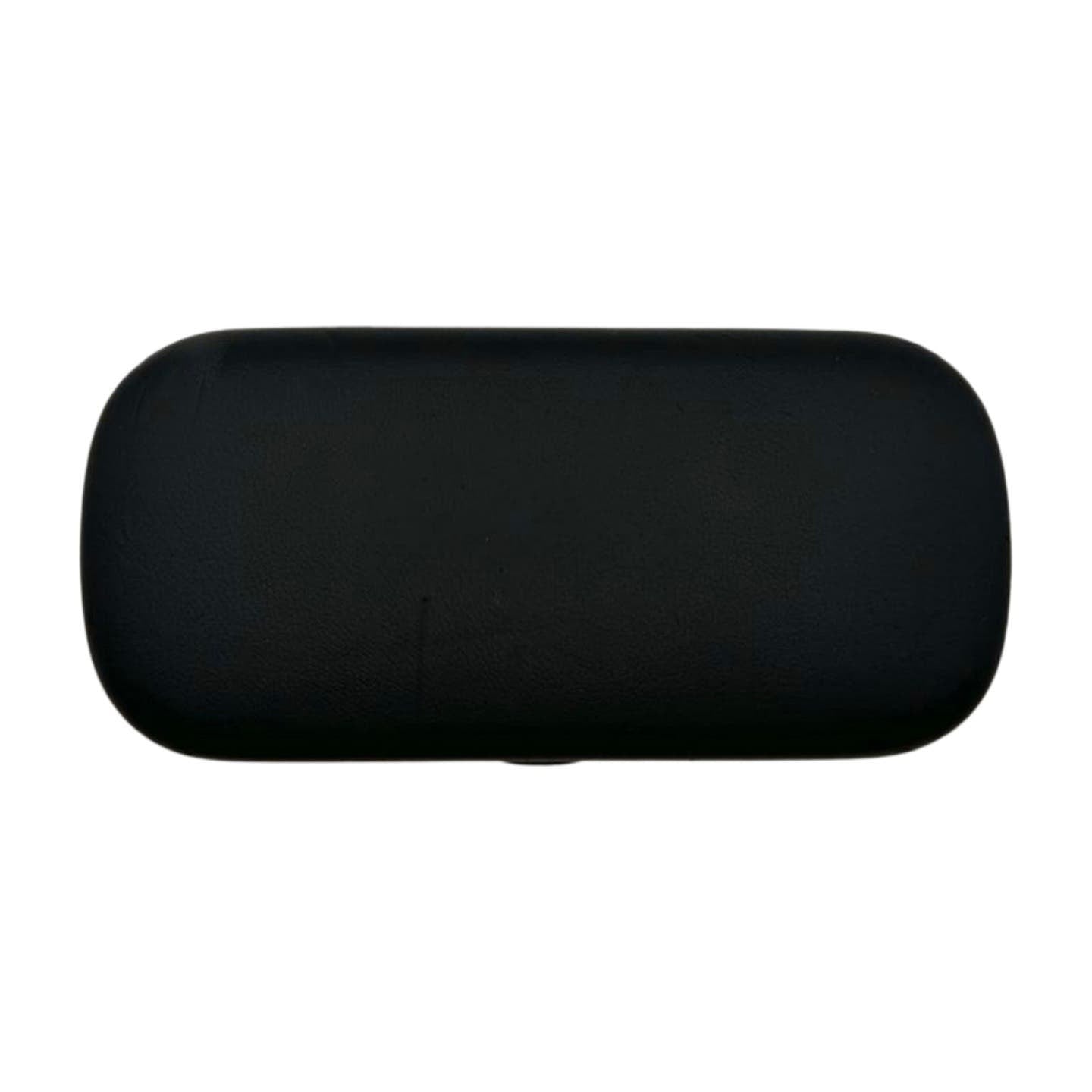 A black, rectangular eyeglasses case with rounded edges, reminiscent of Chanel Vintage 90’s Sunglasses. The case has a smooth, matte finish and a seamless appearance, indicating it might have a hinged opening. It is positioned horizontally against a white background.