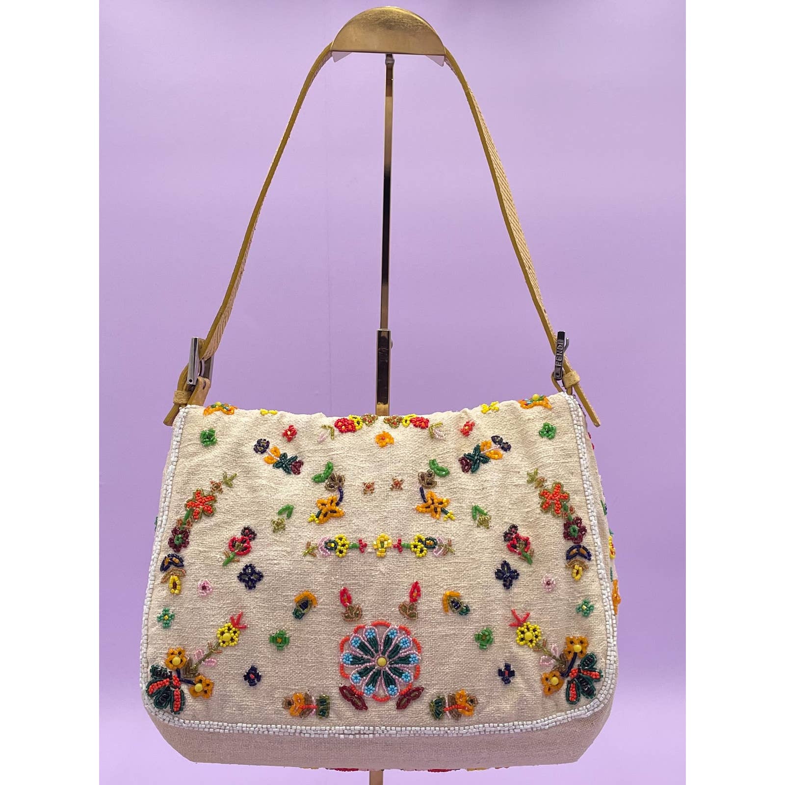Fendi Mamma Baguette Linen Beaded Ecru - Le Look