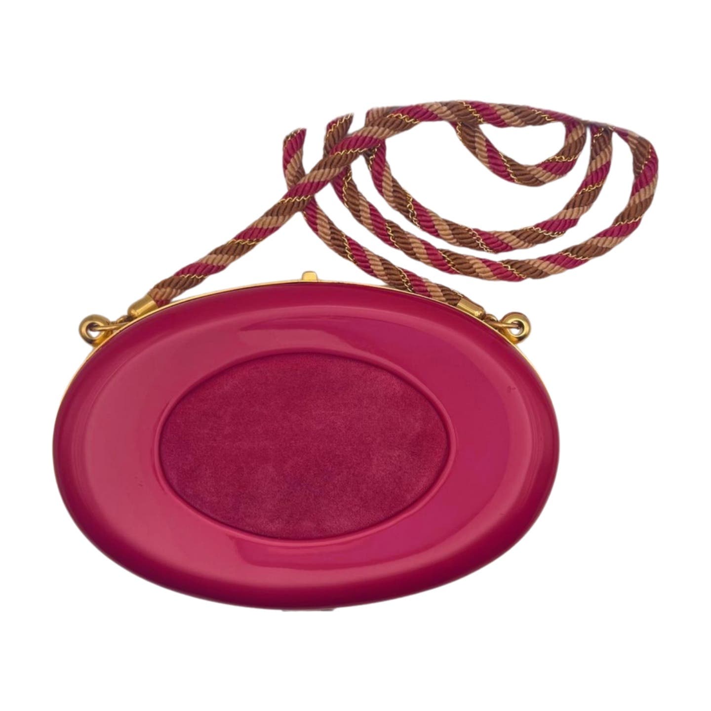 A Celine Vintage Celine Hard Shell Bag with an acrylic and suede exterior and glossy surrounds. It features a braided strap in pink and tan, attached with gold-colored hardware.