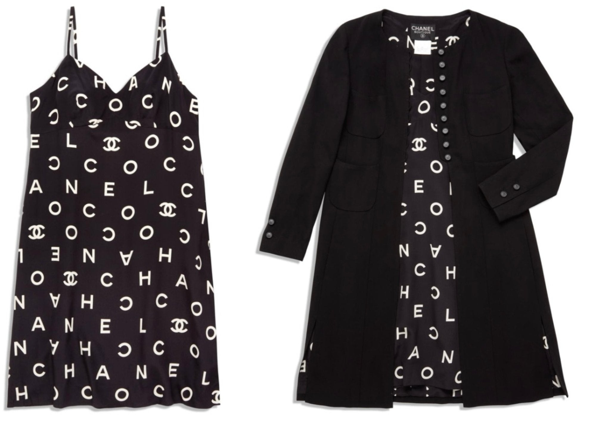 Vintage Chanel 1997 Runway Alpha Logo Coco Print Slip Dress and Jacket Set - Le Look