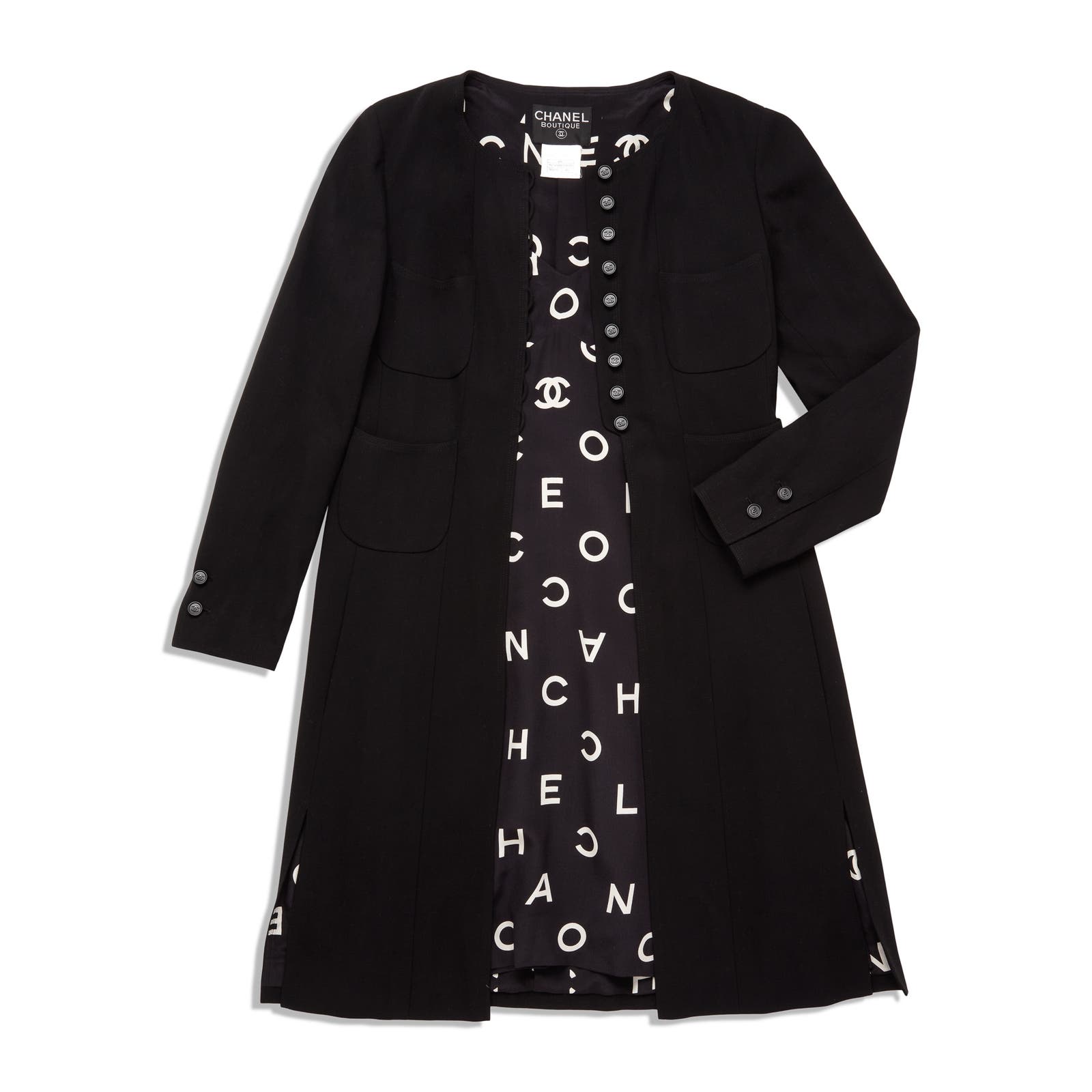 Vintage Chanel 1997 Runway Alpha Logo Coco Print Slip Dress and Jacket Set - Le Look
